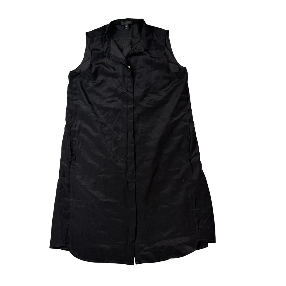 J.Crew Shirt Dress Womens‎ Medium Black 100% Silk Sleeveless Hidden Button Front